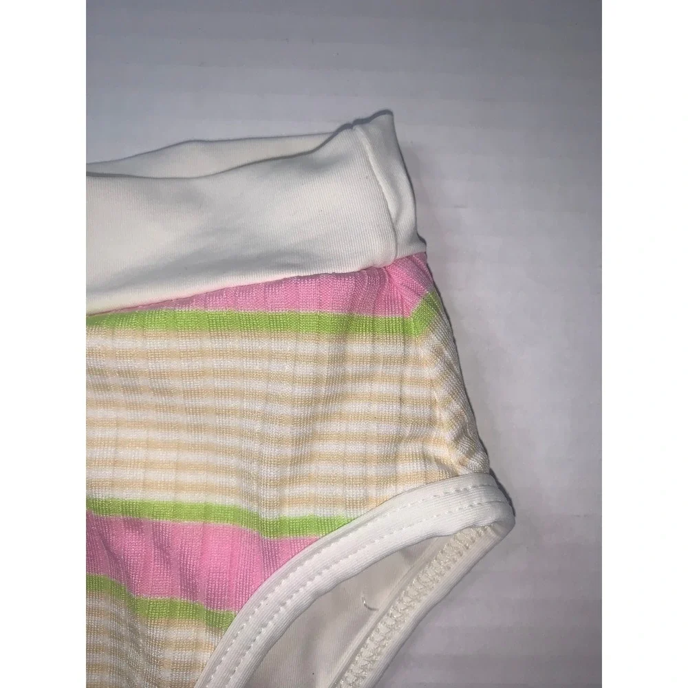 L Space Bitsy Cut High Waist Ribbed Bikini Bottom S Pink‎ Green Striped Swim